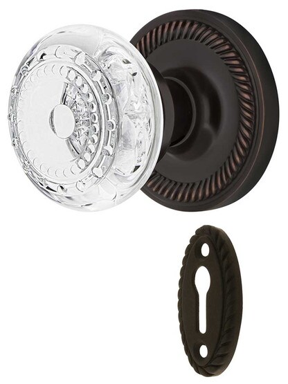 Rope Rosette Mortise-Lock Set with Meadows Crystal-Glass Knobs in Timeless Bronze.